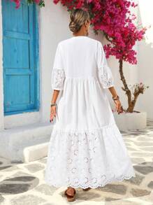 Vivid Eden Damen V-Ausschnitt Fransen-Seil Patchwork Stickerei strukturierter Stoff A-Linie Urlaubskleid