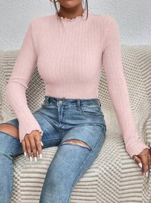 SHEIN Essnce 女士纯色荷叶边长袖休闲连体衣 - 粉色 - 查看 3