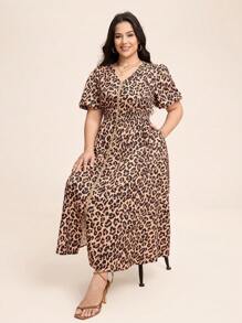 Comfylo Vestidos de verão plus size femininos com estampa de leopardo e manga bufante - Multicolorido - Ver 4