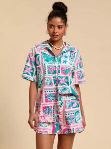 Travachic Set de 2 piezas para mujer de camisa y shorts con estampado de Hawai para primavera/verano