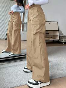 SHEIN EZwear 休闲纯色高腰阔腿编织女士长裤 - 卡其色 - 查看 3