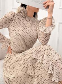 Al Najma 女士波尔卡圆点印花长袖上衣和中长裙阿拉伯服装套装 - 杏色 - 查看 1