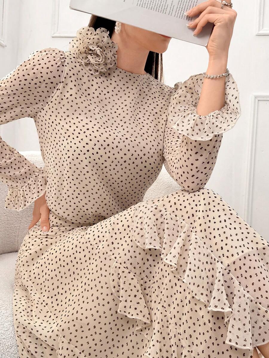 Al Najma 女士波尔卡圆点印花长袖上衣和中长裙阿拉伯服装套装 - 杏色 - 查看 1