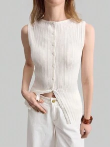 Ontre High Quality Women Knitted Vest Top, Ribbed Texture, Sleeveless Boat Neck Design, Shell Buttons, Casual Urban Style Spring Apparel - Apricot - View 3