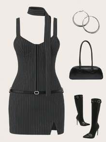SHEIN ICON Vestido casual con tirantes de espagueti a rayas, con cinta, minimalista y de moda para uso diario para mujeres de oficina