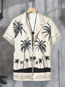 Manfinity RSRT Plus Size Men's Front Button Short Sleeve Palm Trees Print Casual Shirt, Everyday Wear