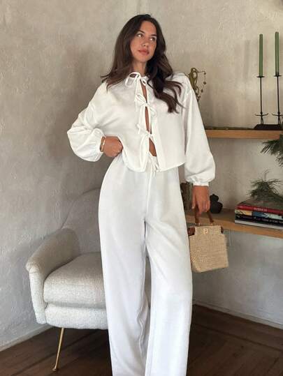 Cloudara Conjunto de 2 piezas para mujeres con detalles de lazo delantero, mangas globo y pantalones de pierna ancha de unicolor