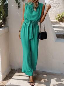SHEIN Clasi Casual Minimalist Solid Color Sleeveless Jumpsuit - Mint Blue - View 6
