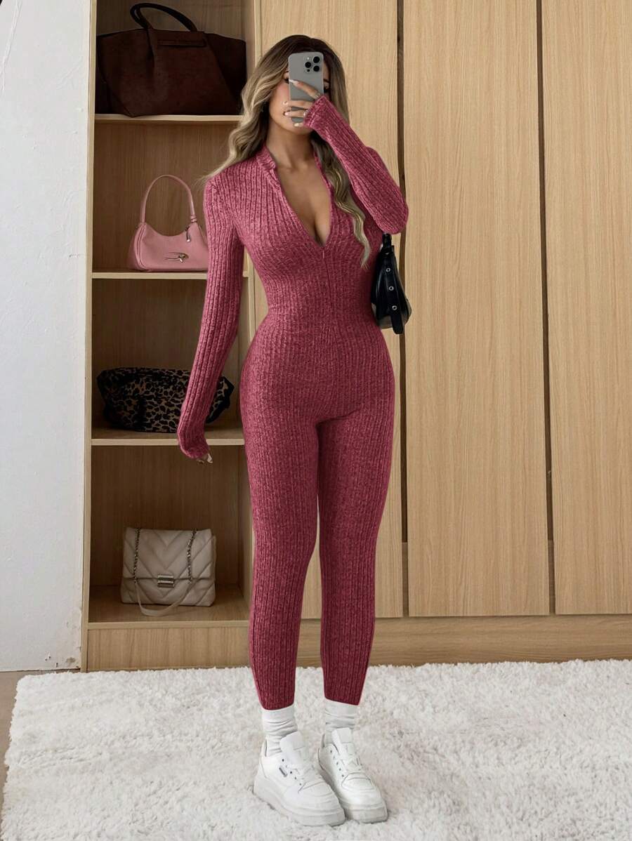Muchica Ribbed Texture Thermal Lined Jumpsuit - Burgundy - View 1