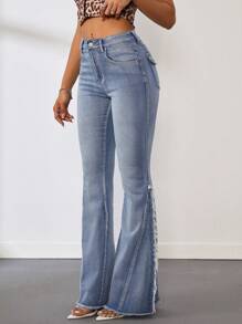 SHEIN Tall Women's Sexy Slim Fit Flared Jeans, Blue - Medium Wash - View 5