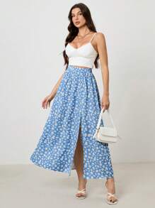 SHEIN Tall 女式夏季休闲碎花高开衩裙 - 藍色 - 查看 7