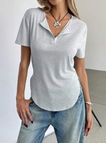 SHEIN Essnce Women's Solid Color Button Front Short Sleeve Casual T-Shirt - Grey - View 3