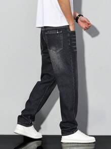 Manfinity Homme Men's Pocket Straight Loose Casual Versatile Jeans - Black - View 4