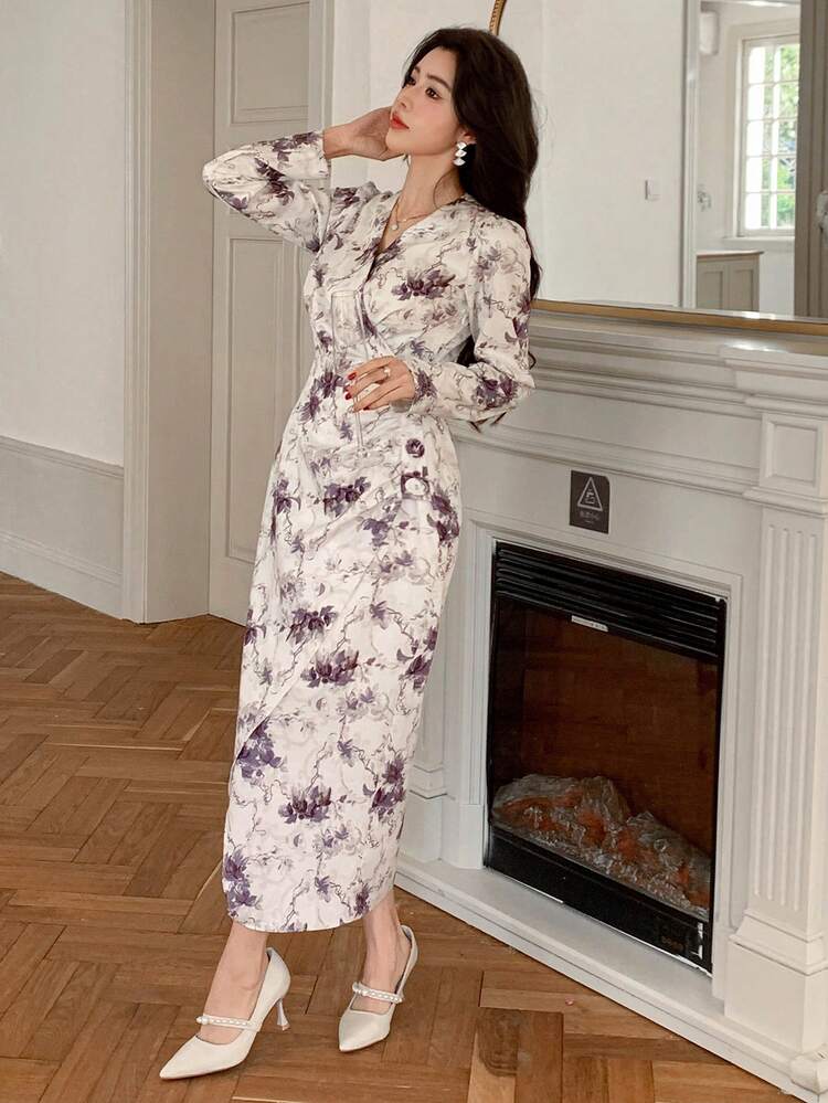 Women Floral Printed Holiday Beach Dress, Spring/Fall Long Sleeve Dress Maxi Dress