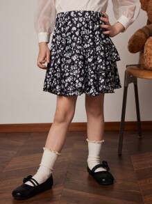 PrepCrw Young Girls Black Bowknot Printed Loose Elastic Waist A-Line Mid-Length Skirt, Spring/Summer - Multicolor - View 1