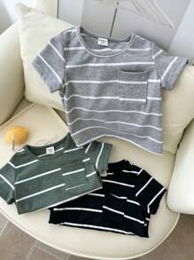 SHEIN Vintaside Kids 3 pièces Ensemble de Top rayé unisexe pour bébé garçon, noir, gris et vert olive - Couleurs assorties convenant à toutes les occasions en été. Vêtements de bébé garçon, hauts pour bébés garçons, vêtements pour garçons, vêtements de bébé garçon, hauts pour bébés garçons