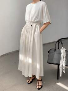 Dazy-Less Lässiges, geschäftsmäßiges, locker designtes asymmetrisches Knopf-Taille Midi-Kleid für Frauen, Outfit für Lehrerinnen