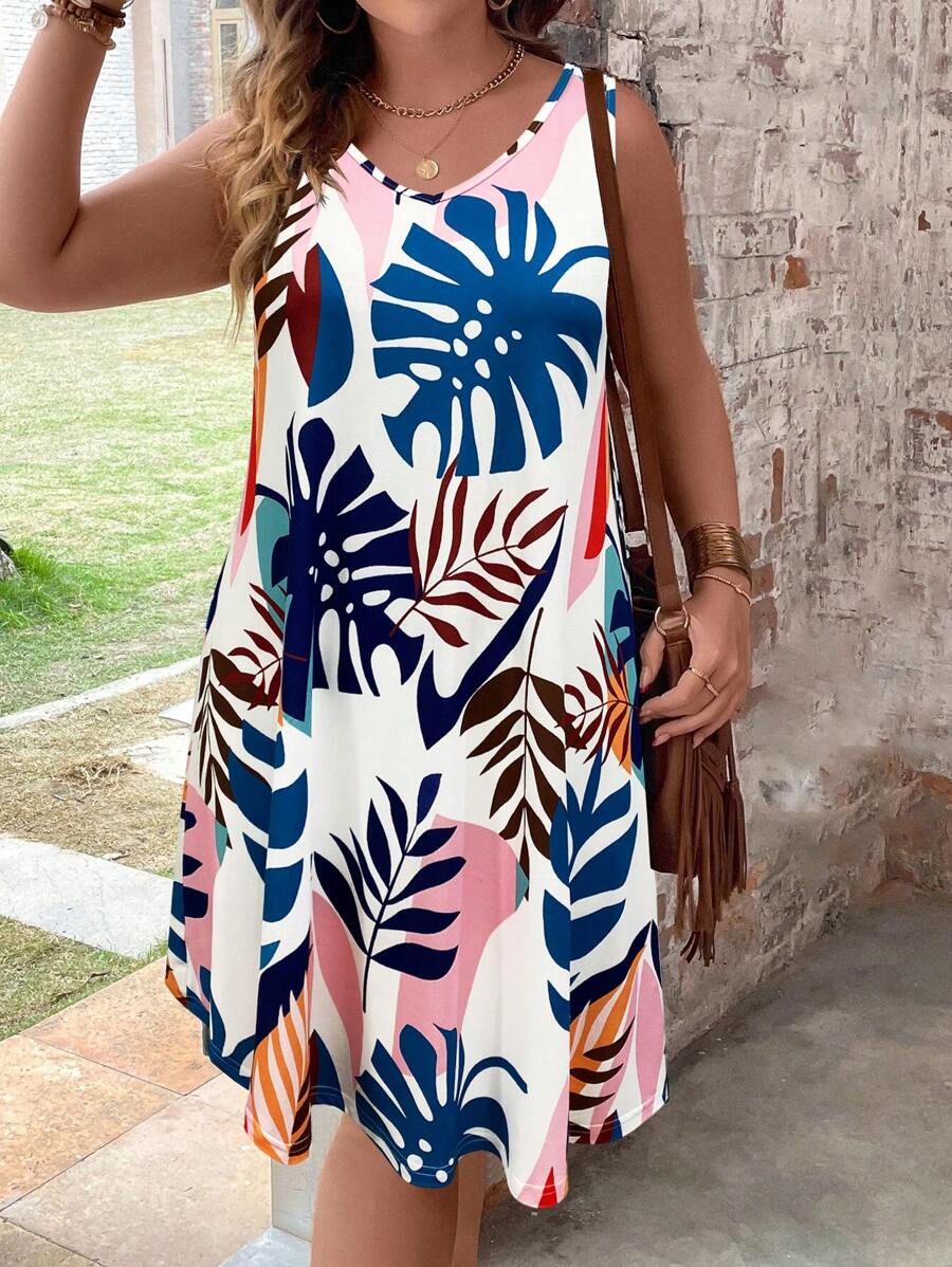 Breezaya Plus Size Women Green Plant Printed Casual Beach Dress - Multicolor - View 1