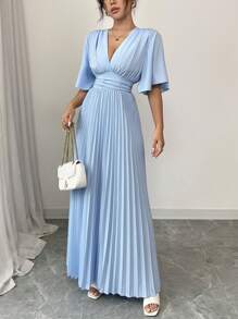 Rafferiza Light Blue Maxi Dress For Women, Elegant Pleated Summer Dress With V-Neck And Flutter Sleeves Women Evening Gown - Baby Blue - View 6