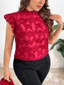 SHEIN Privé Blusa roja elegante y romántica con mangas de volantes transparentes, bajo con volantes, textura calada para mujer de talla grande, para primavera/verano - Rojo - Ver 1