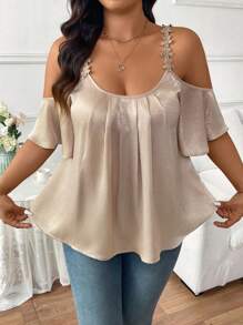SHEIN Frenchy Plus Size Women's Elegant Simple Ruched Floral Splice Metallic Coating Hollow Shoulder Blouse,Summer Shirts