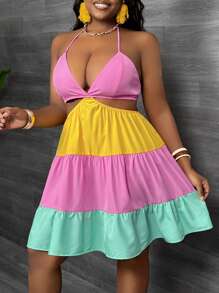 Slaydiva 大码女式 V 领细肩带拼色宽松腰 A 字形连衣裙 - C、甜美、度假、浪漫、性感 - 彩色 - 查看 1