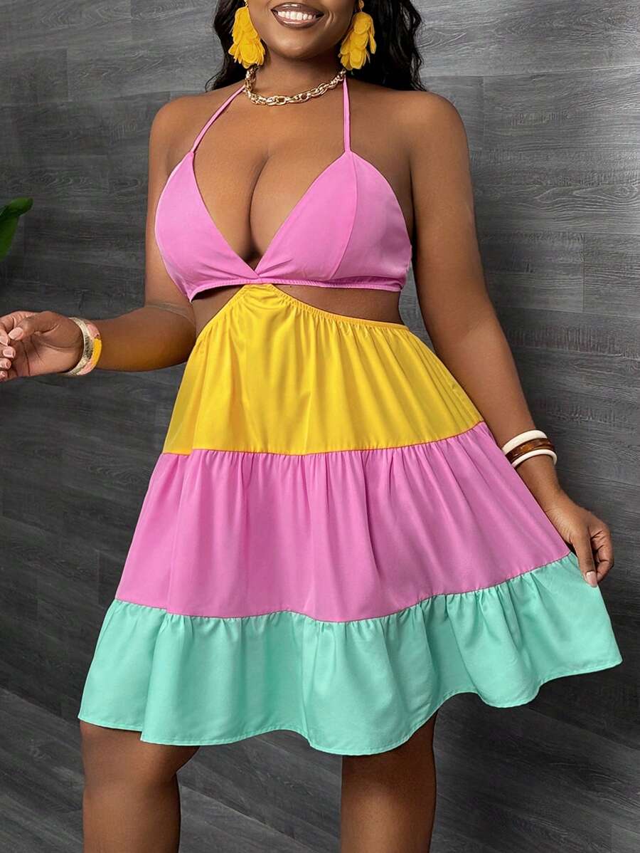 Slaydiva 大码女式 V 领细肩带拼色宽松腰 A 字形连衣裙 - C、甜美、度假、浪漫、性感 - 彩色 - 查看 1