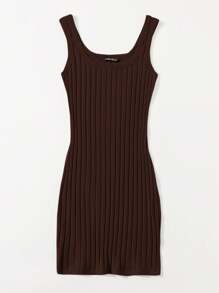 SHEIN Essnce 羅紋針織包臀連衣裙 - 巧克力棕 - 查看 4