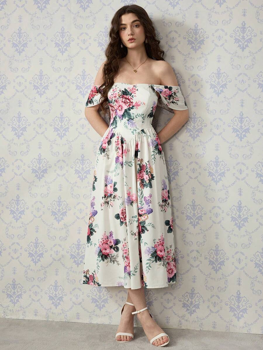 SHEIN MOD Pink Romantic Vacation Off Shoulder Maxi Dress For Women - Pink - View 1