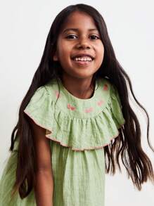 SHEIN Young Girls' Loose Round Neck Dress With Cherry Blossom Embroidery, Ruffle Hem And Cap Sleeves, Green, Casual Mori Style For Spring & Vacation