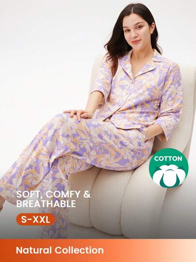 LUVLETTE 柔软棉质印花纽扣上衣和裤子家居服睡衣套装，女士裤子带口袋，女士家居服套装，内衣，秋季服装