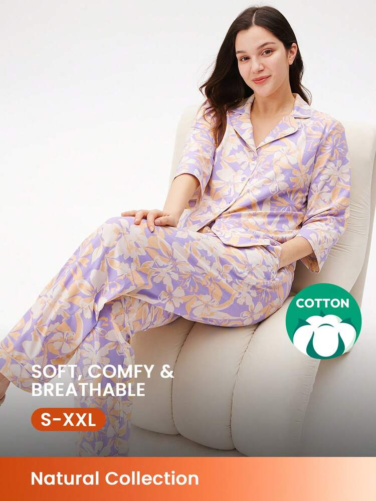 Conjunto de pijama de pantalón y blusa con botones de algodón suave con estampado floral para mujer. Pantalones con bolsillos, conjunto de ropa de estar en casa, lencería, ropa de otoño