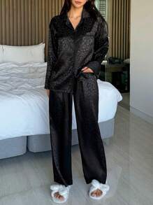 DAZY 缎面豹纹提花宽松睡衣套装，秋冬服装 - 黑色 - 查看 7