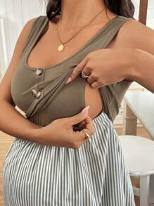 SHEIN Maternity Nursing Dress, Striped 2 In 1, Suitable For Summer - Green - View 6