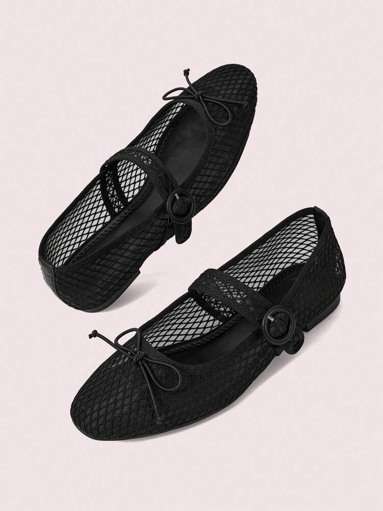 CUCCOO DOLLMOD Zapatos planos tipo Mary Jane de mujer, de malla negra, con lazo decorativo, cómodos y casuales