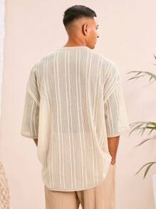 Manfinity BRENVOR Men's Knit Casual Loose Fit V-Neck Short Sleeve Shirt, Fashionable & Daily Wear - Apricot - View 2