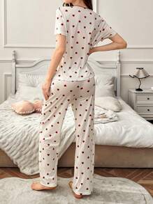 Casual Colorblock Bow Decor Heart Design Lapel Women Pajama Set - Multicolor - View 2