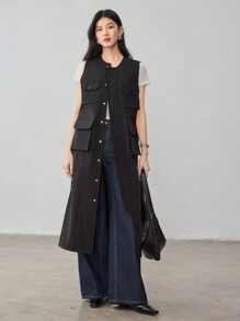 Dazy-Less Vestido camisero holgado de un solo color con bolsillo de carga y abertura, estilo casual de negocios para mujer, vestido de verano