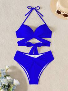 SHEIN Swim Women Summer Beach Solid Color Halter Tie Front Sexy Bikini Set, Wireless
