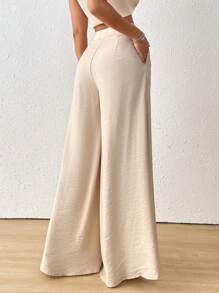 SoleilVie Fall Women Clothes Women's High Waist Button Detail Pleated Wide Leg Pants - Apricot - View 2