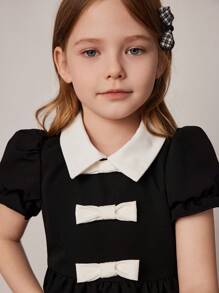 PrepCrw Young Girls' College Style Color-Blocking White Collar Bowknot Chiffon Dress, Spring/Summer - Black and White - View 7