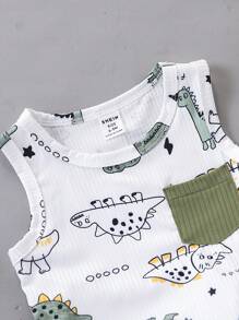 SHEIN Bộ đồ mùa hè cho bé trai gồm áo không tay cổ tròn in hình khủng long hoạt hình và quần short màu xanh lá cây, kiểu dáng năng động và dễ thương, phù hợp cho các hoạt động ngoài trời, mặc nhà thoải mái và những buổi tiệc tùng vui vẻ mùa hè. - Nhiều màu - Xem 6