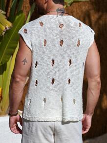 Manfinity Homme 男士休闲纯色镂空针织毛衣 - 白色 - 查看 2