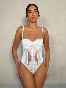 SHEIN BAE Conjunto de primavera elegante para fiesta de jardín de mujer: Camisola con bustier con escote corazón, adornada con paneles de encaje blanco y tirantes desmontables, adecuado para citas, almuerzos con amigos, salidas a principios de primavera y eventos sociales