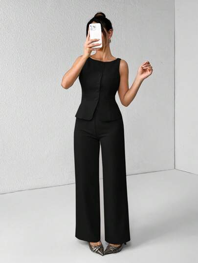 SHEIN PETITE Women's Solid Color Round Neck Single-Breasted Vest And Pants Elegant Commuter Suit, Summer Fall Women Clothes Women Set Office Wear Business Casual Women Two Pieces Outfits Fall Women Office Wear Women Set Women Blazers Set