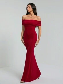 SHEIN Tall Summer Women's Solid Color One-Shoulder Sexy See-Through Elegant Fishtail Backless Tight Graduation Dress Long Skirt