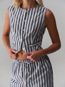 TRNVIE Retro Striped Linen Vest + Wide Leg Pants 2 Pieces Set - Blue - View 7