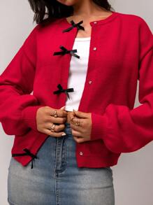 Forever 21 秋冬圆领开衫毛衣短款休闲百搭长袖针织外套 - 紅色 - 查看 5