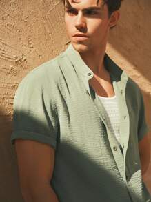 Manfinity VCAY 2pcs/Set Men's Casual Everyday Solid Color Loose-Fit Short Sleeve Shirt & Elastic Waist Straight Leg Pants Set - Green - View 4