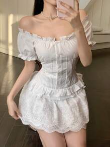 DAZY Lace Jacquard Ruffle Trim Off Shoulder Women's Dress Summer,Milkmaid Dress Sundress,Casual Women Dresses